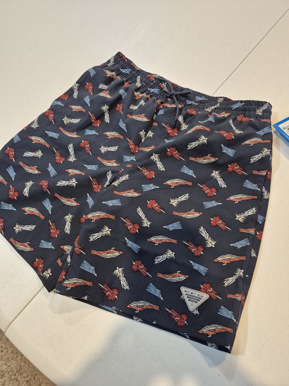 Boys Navy Fly Fishing Print Swim Trunks with Elastic Waist and Drawstring 4815